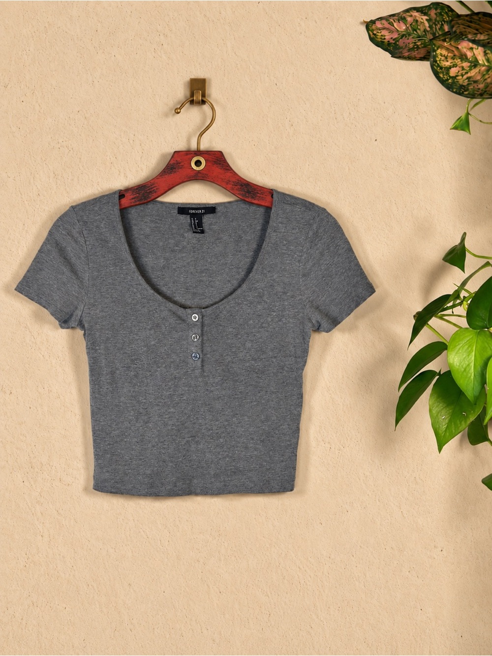 Forever 21 Gray Textured Henley Crop Top Women’s Small Y2K